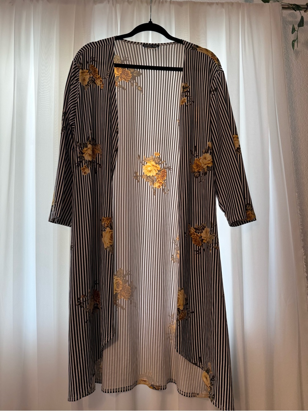 Striped Open-Front Cardigan with Yellow Floral Print
